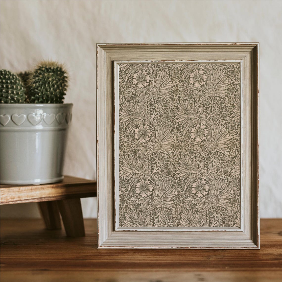 Vintage Floral Damask Textile Pattern Beige Botanical Wall Art