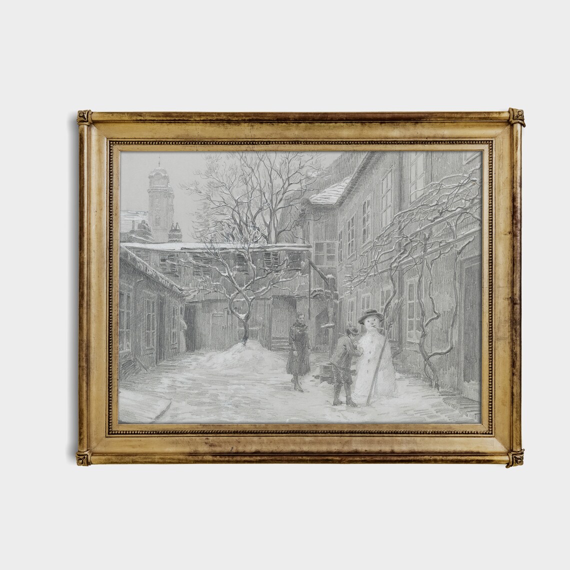 Pencil Sketch of Children Building a Snowman in a Courtyard Poster - Image 2