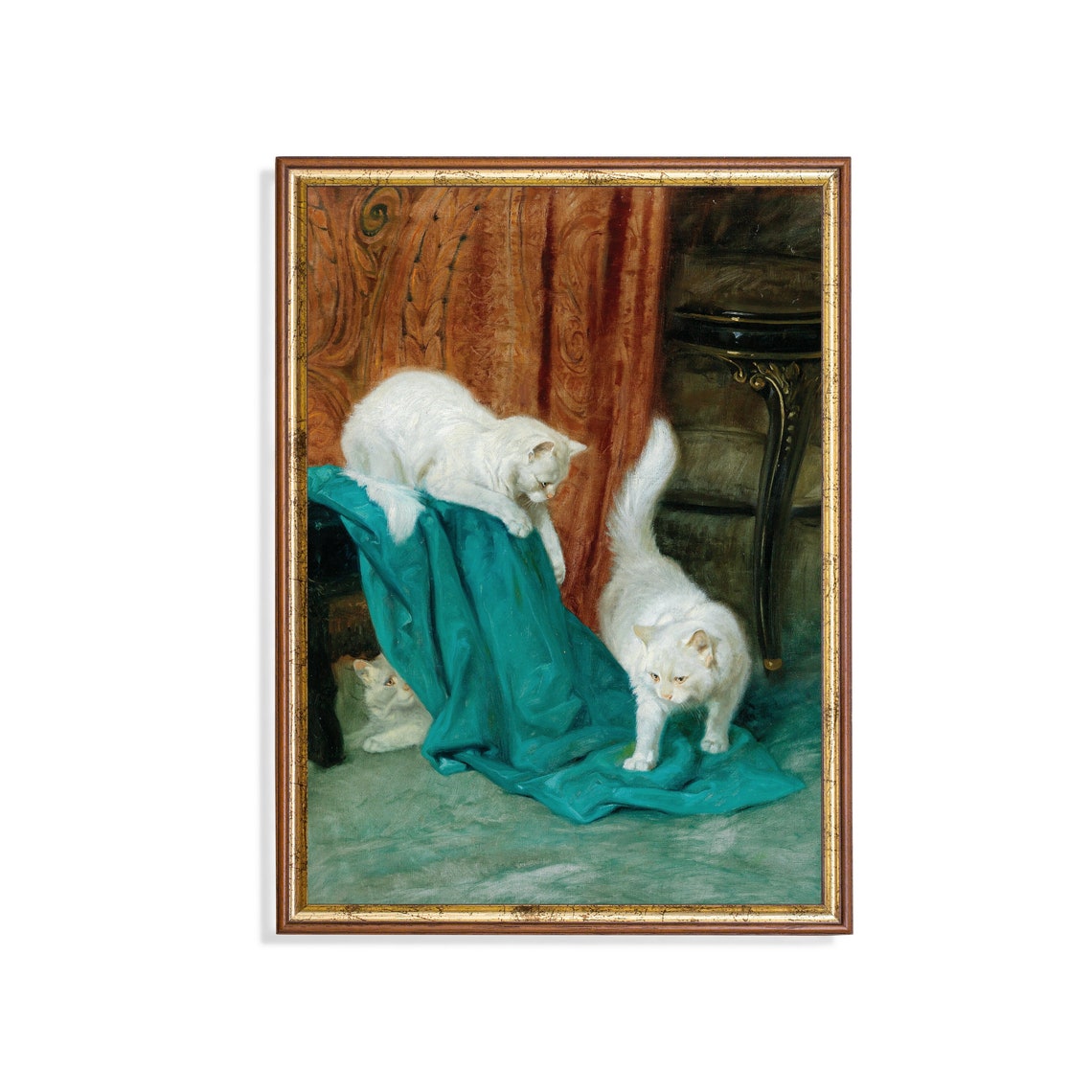 Three White Cats Playing With Teal Fabric In The Parlour Poster