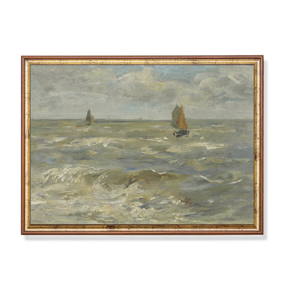 Sailing Boats on a Choppy Sea Under Grey Skies Vintage Poster