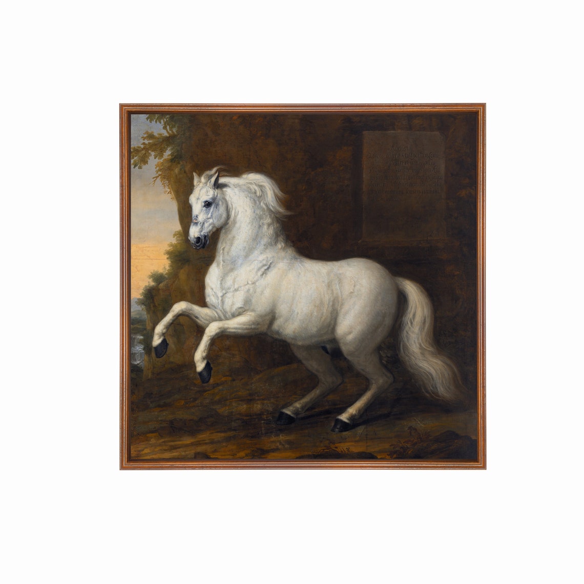 Antique White Horse Rearing in Dark Forest Classical Oil Poster