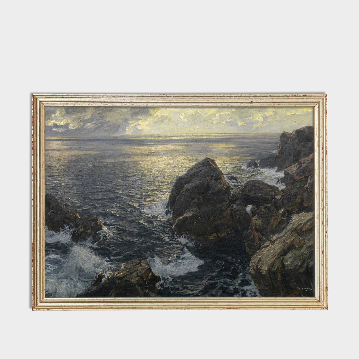 Rocky Coastline Sunset Waves Vintage Seascape Painting Poster - Image 3