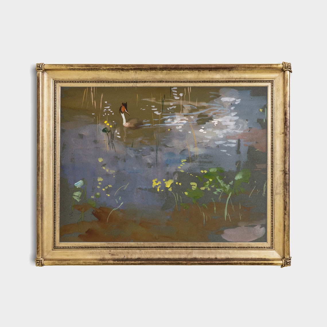 Crested Grebe Gliding Through Water Lilies and Reeds Vintage Poster - Image 4
