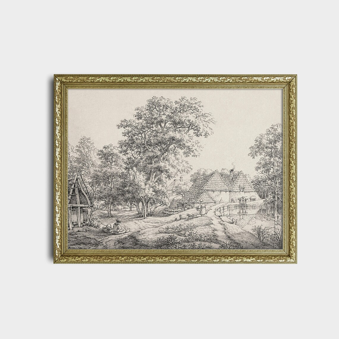 Country Village Sketch with Cottages Antique Etching Artwork Poster - Image 2