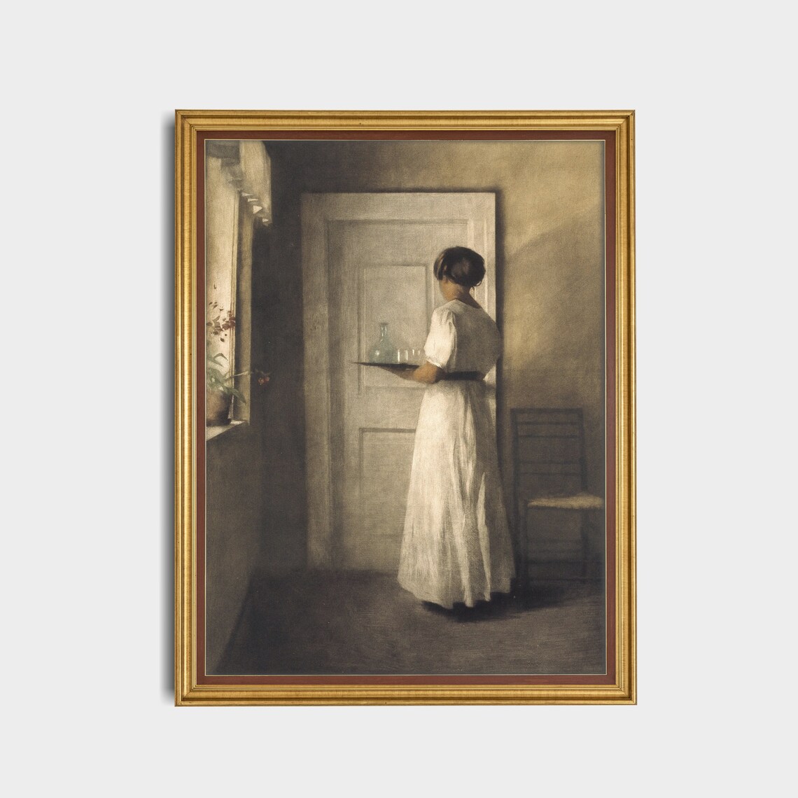 Woman With Tray By Door Danish Interior Muted Antique Painting Poster - Image 5
