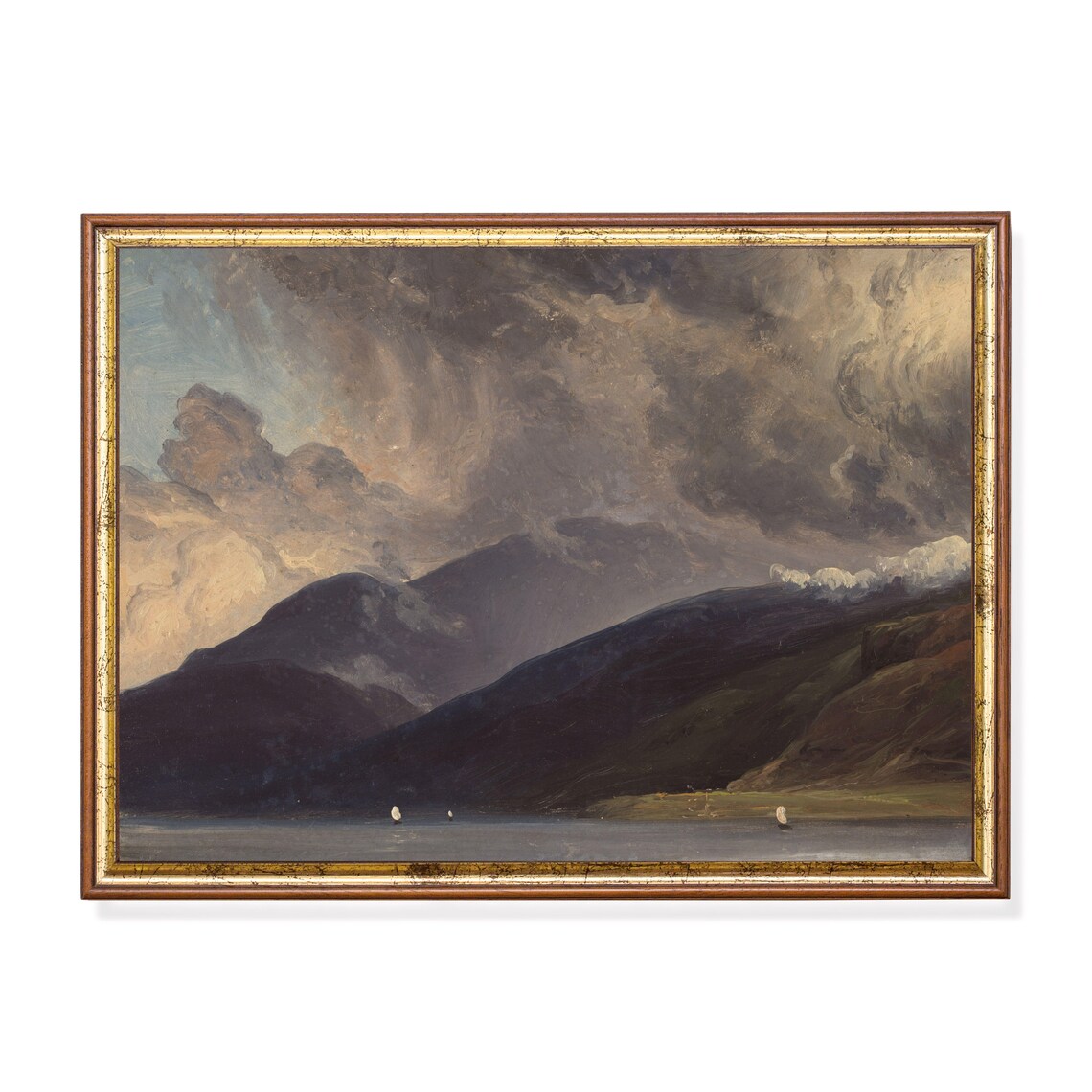 Moody Storm Clouds Mountain Lake Sailboats Vintage Landscape Poster