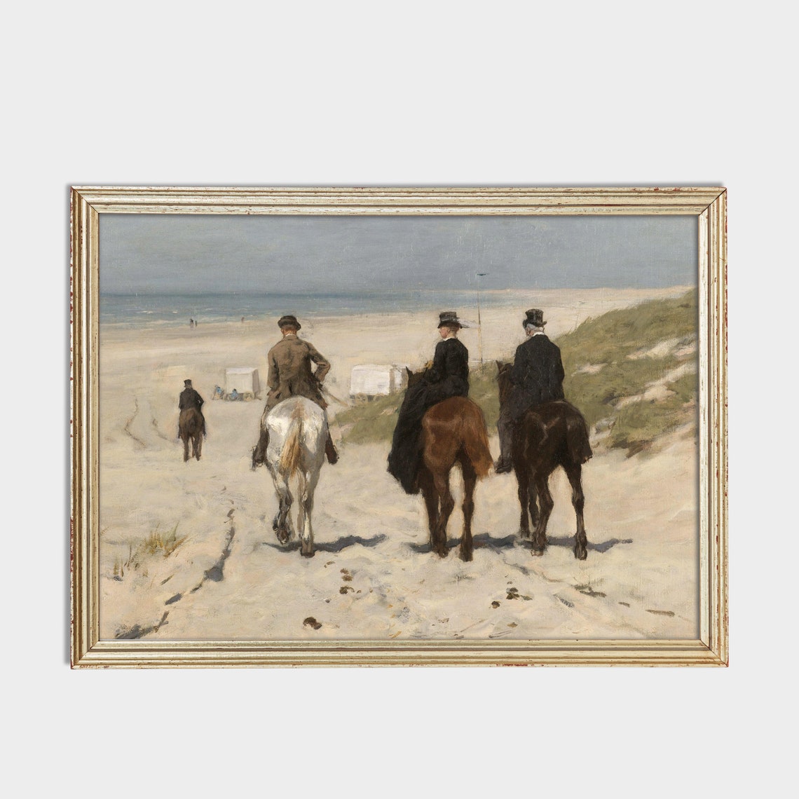 Vintage Horseback Riders on Beach Painting Equestrian Coast Wall Art - Image 2