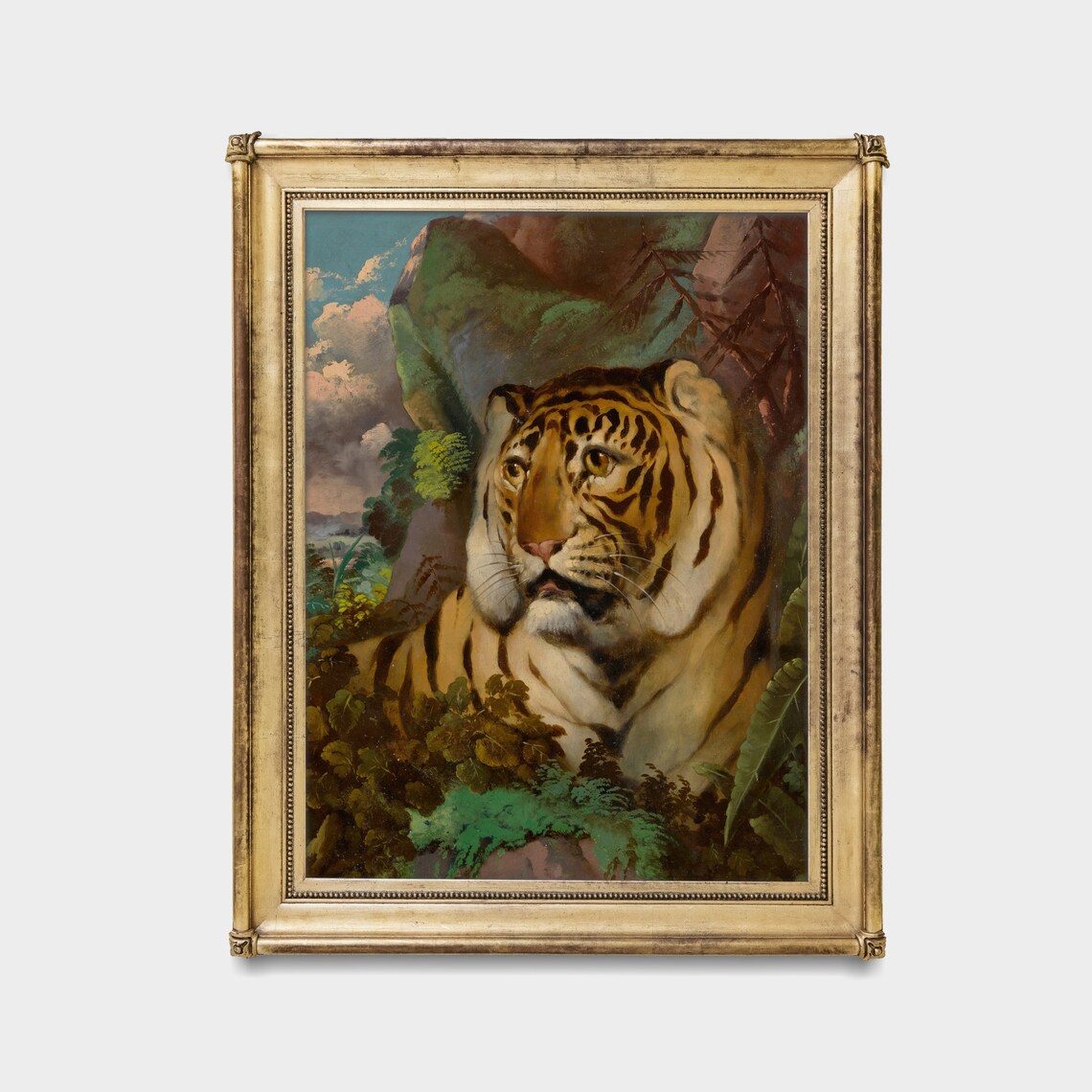 Tiger Resting Among Jungle Foliage Moody Wildlife Painting Poster - Image 3