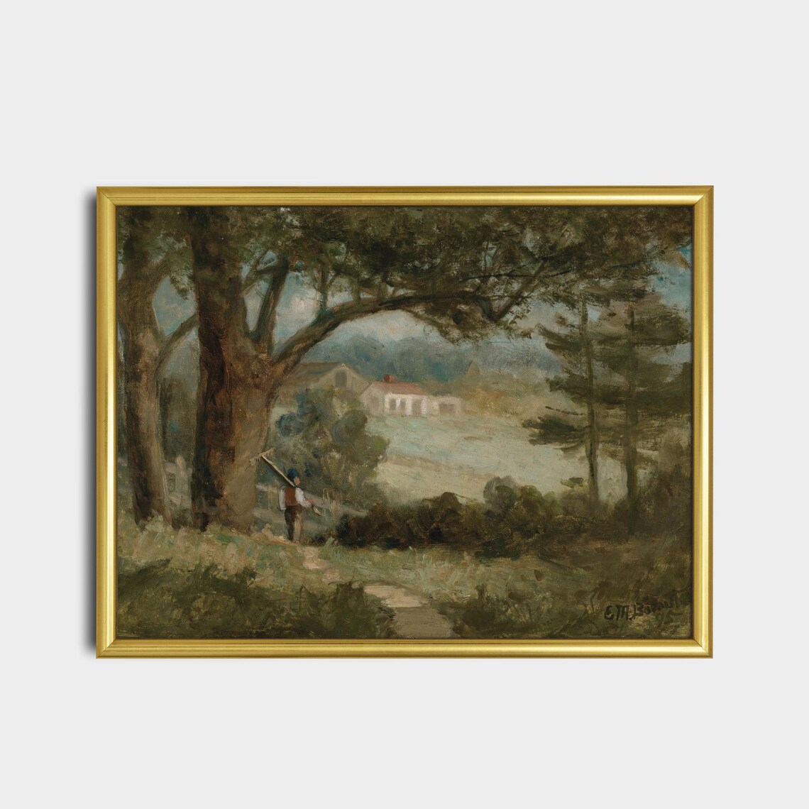 Farmer on Path to Farmhouse Through Tall Trees Vintage Poster - Image 2