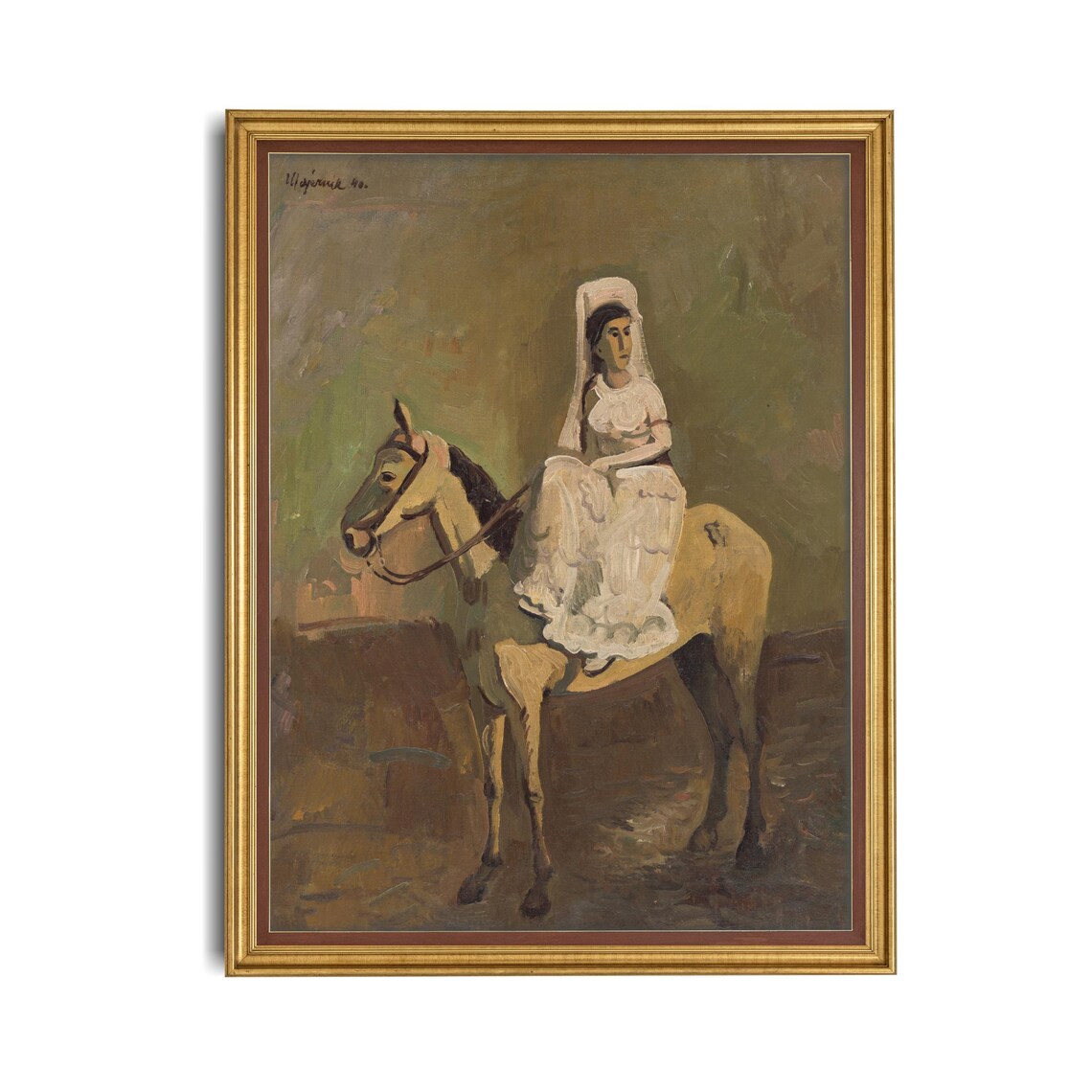 Elegant Lady in White Riding a Palomino Horse Portrait Poster - Image 4