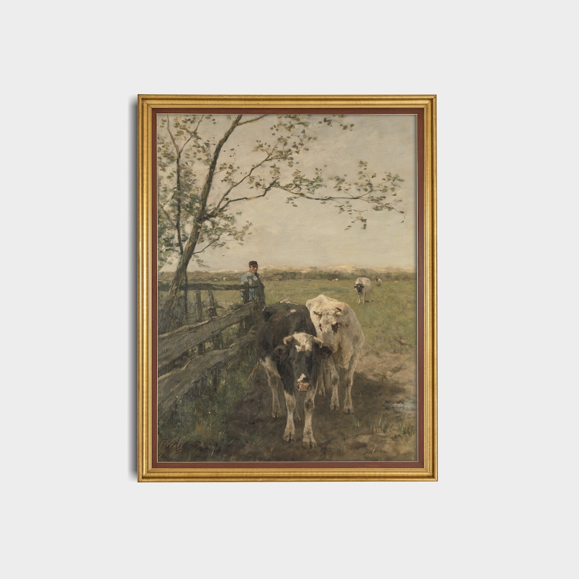 Cows in a Green Pasture with Herdsman Antique Rural Landscape Poster - Image 2