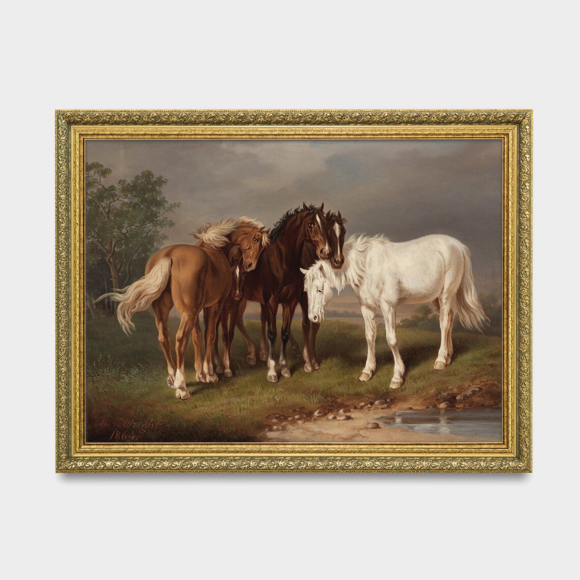 Three Horses at the Pond Meadow Vintage Equestrian Art Poster - Image 3
