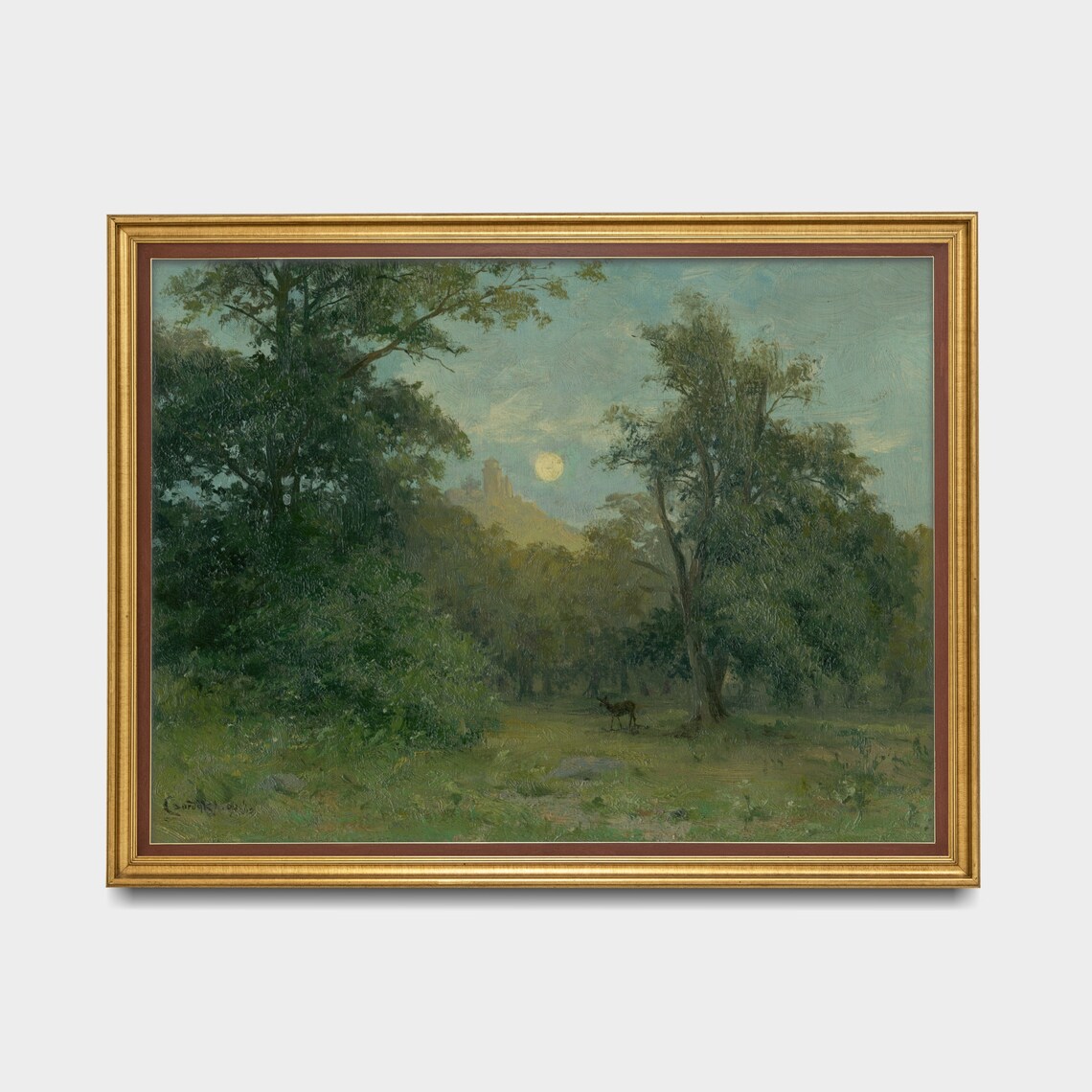 Vintage Moonlit Forest Glade Full Moon Deer Nocturnal Scene Poster - Image 3