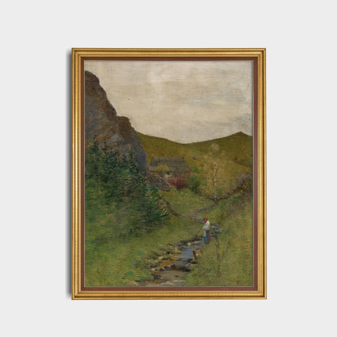Green Mountain Valley with a Stream Antique Landscape Poster - Image 5