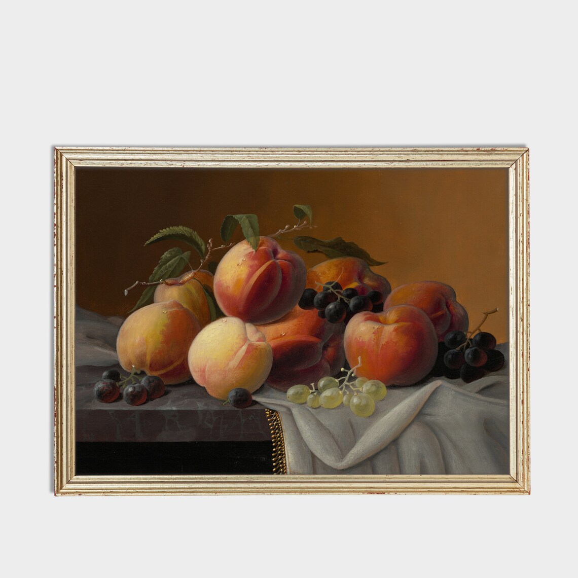 Ripe Peaches and Grapes on Draped Cloth Antique Still Life Poster - Image 3