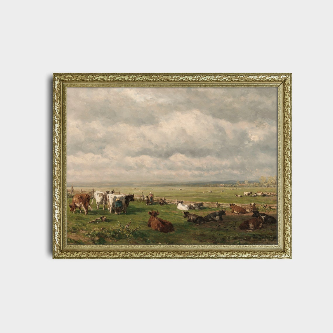Dairy Cows in a Green Pasture Antique Landscape Painting Poster - Image 2