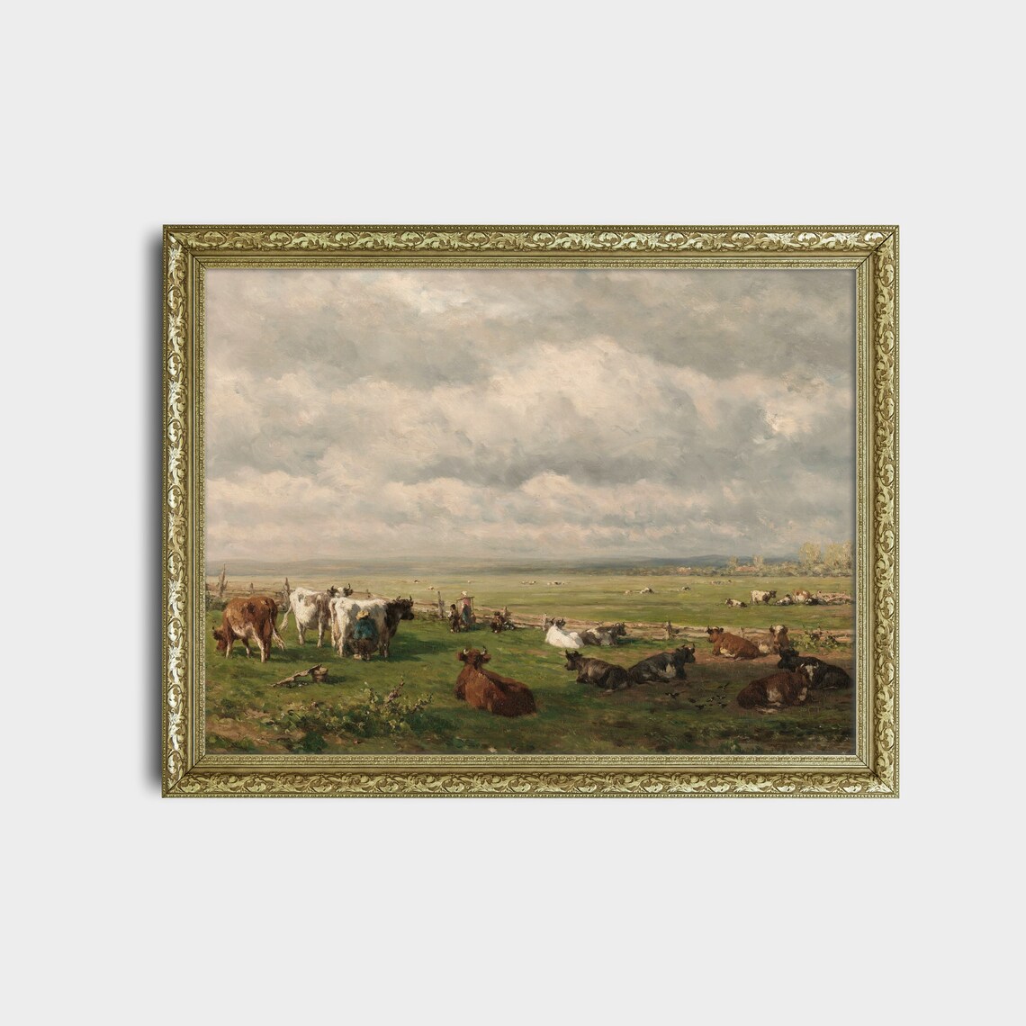 Vintage Landscape Painting Cows In Meadow Landscape Wall Art Country Farmhouse Decor Oil Painting Print - Image 2