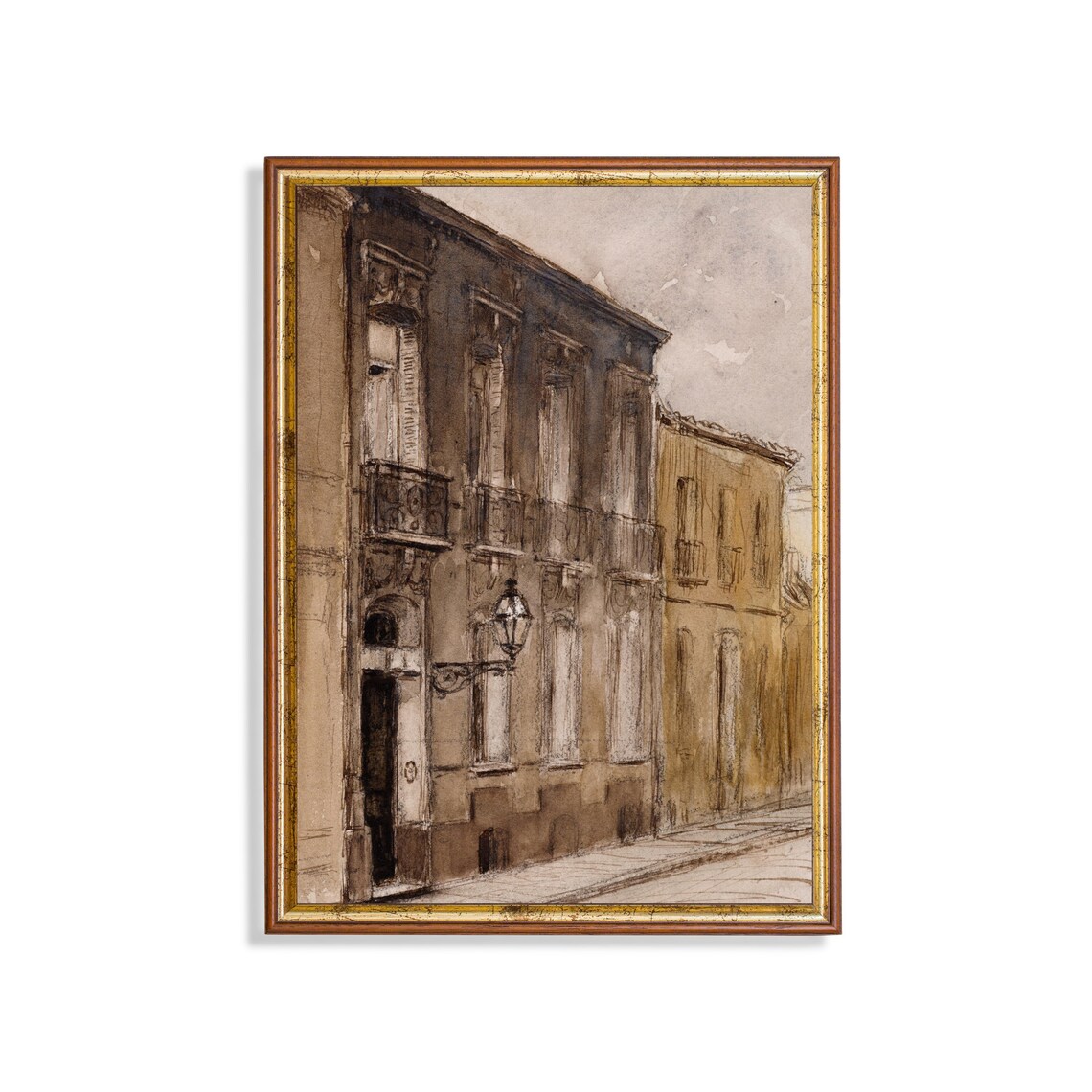 Old European Street Facade Antique Watercolor Architecture Poster