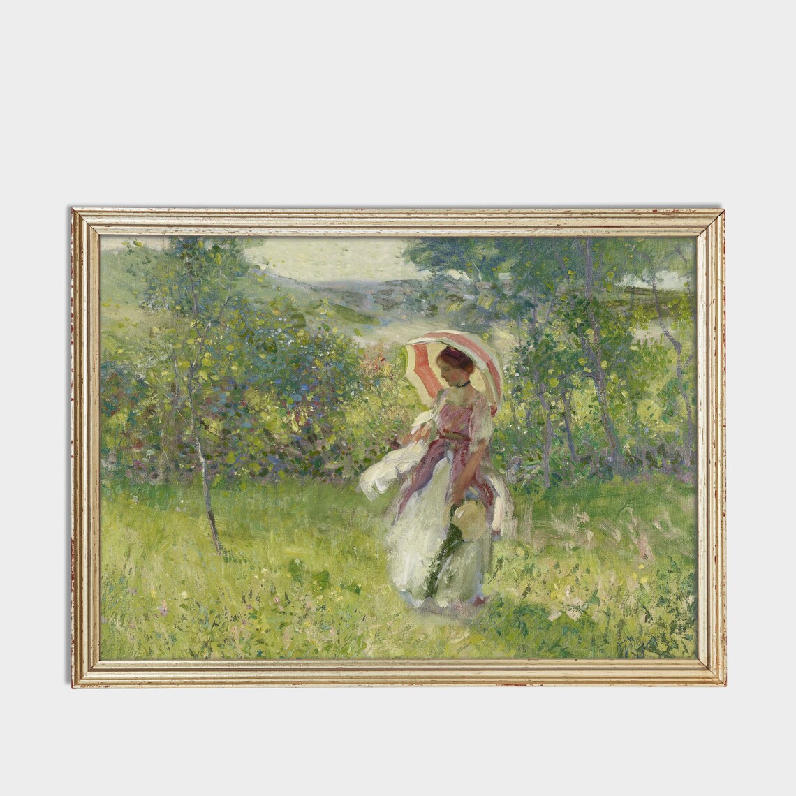 Woman with Red Parasol in Sunny Meadow Impressionist Painting Poster - Image 3