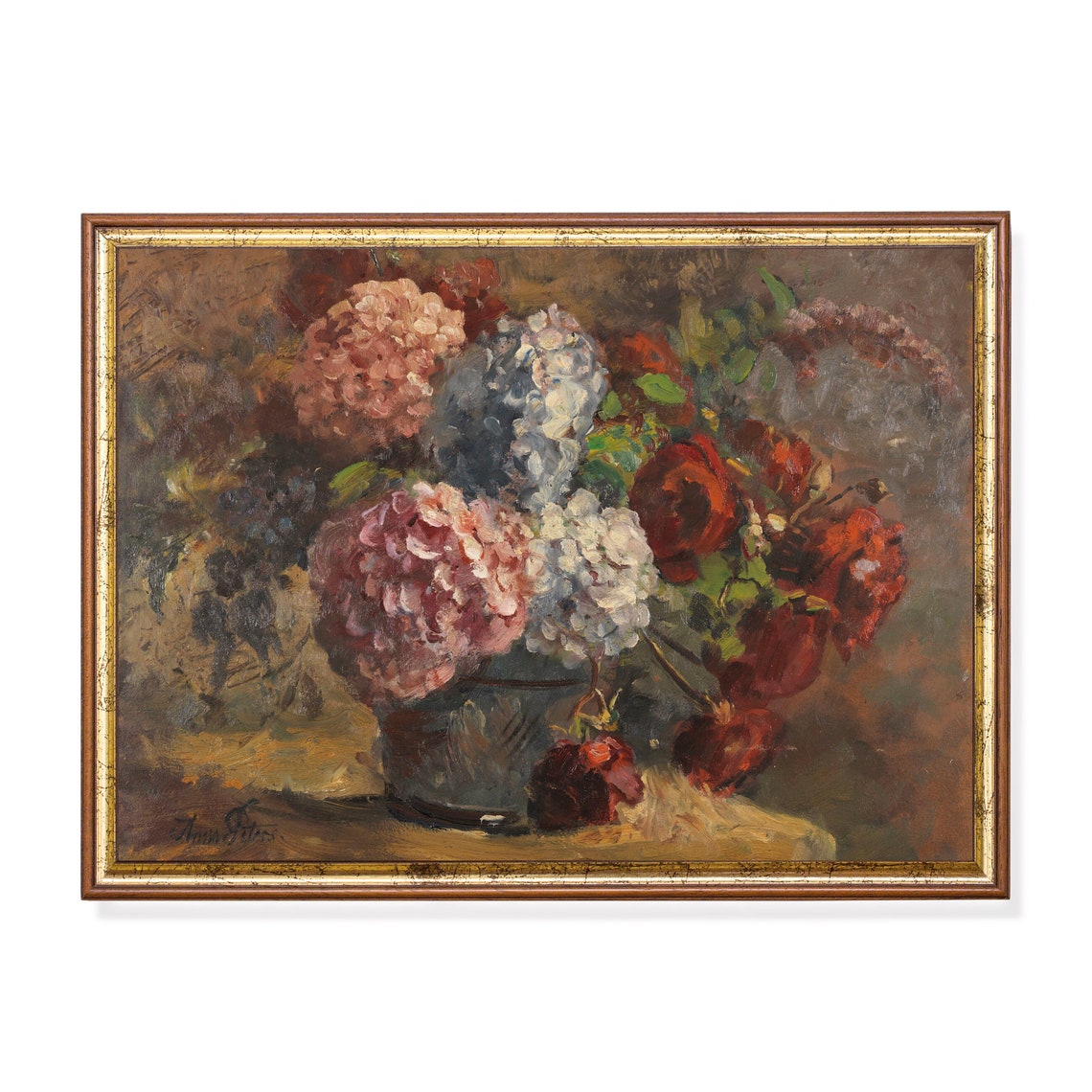 Vintage Still Life With Flowers Antique Floral Painting Moody Rustic Hydrangeas And Roses Art Wall Art
