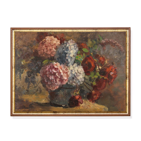 Vintage Still Life With Flowers Antique Floral Painting Moody Rustic Hydrangeas And Roses Art Wall Art