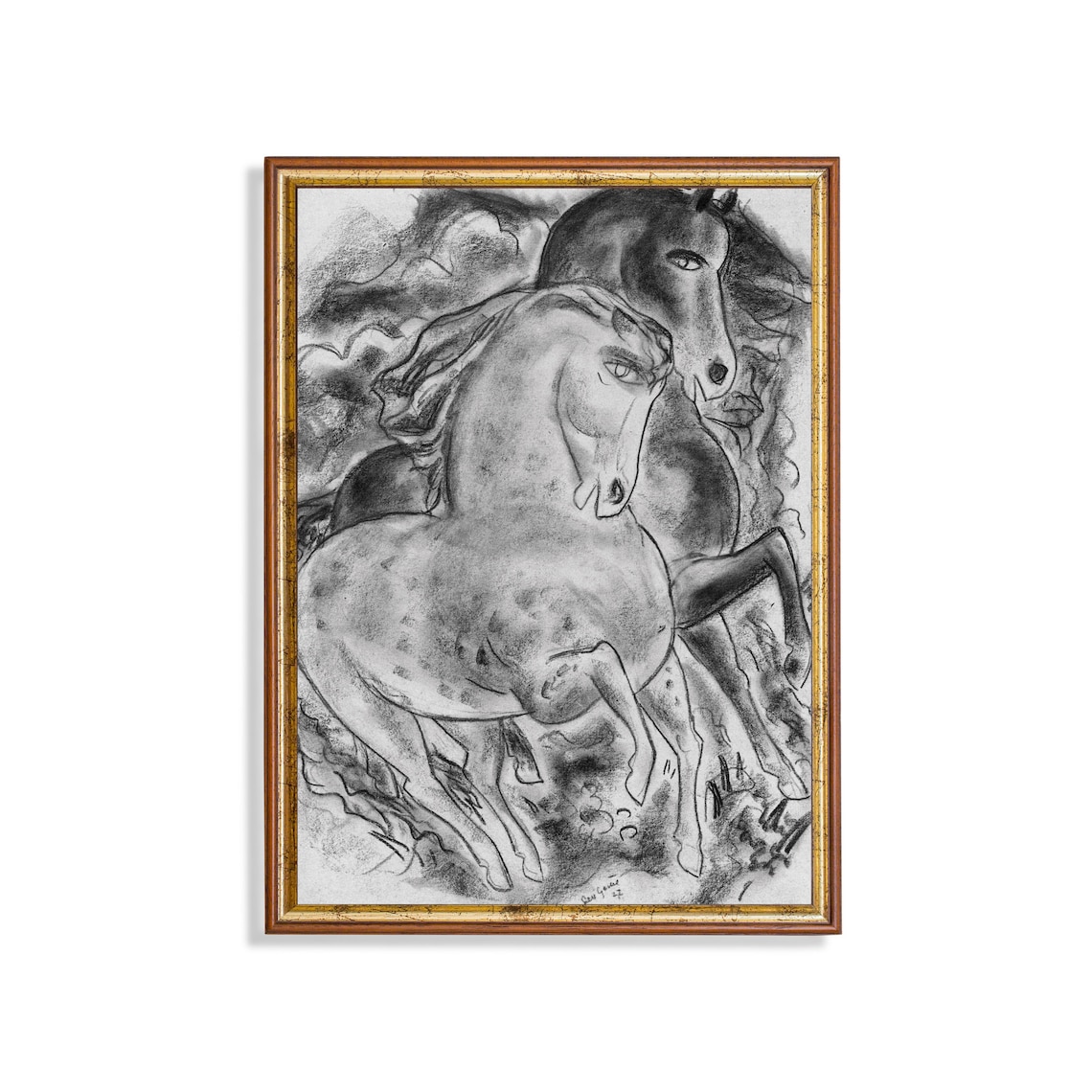 Bold Expressive Charcoal Sketch of Two Rearing Horses Art Poster