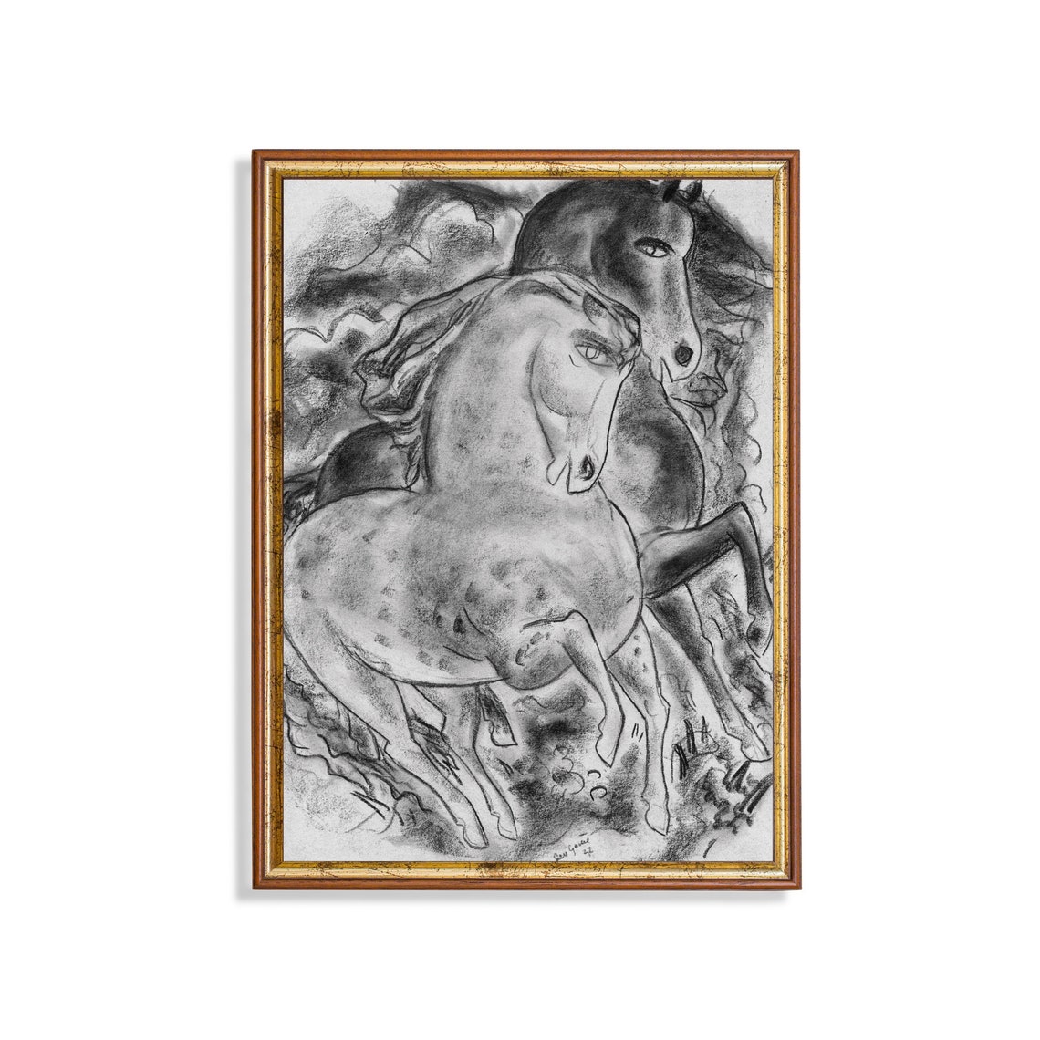 Two Horses Charcoal Sketch Study Vintage Equestrian Drawing Poster