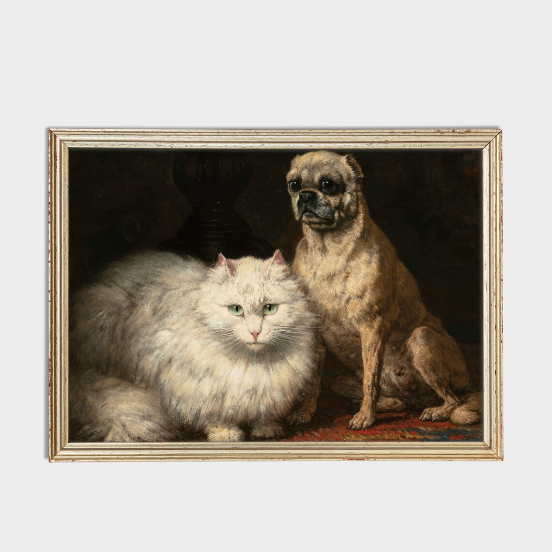 Vintage Cat Dog Painting Antique Animal Fine Print Moody Rustic Oil Painting Wall Art Farmhouse Decor - Image 2