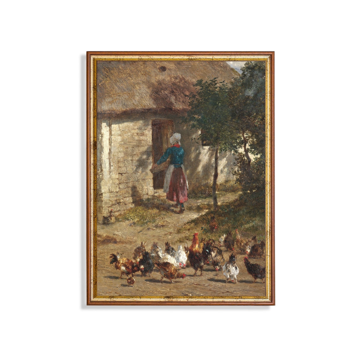 Woman Feeding Chickens at a Sunlit Thatched Stone Cottage Poster