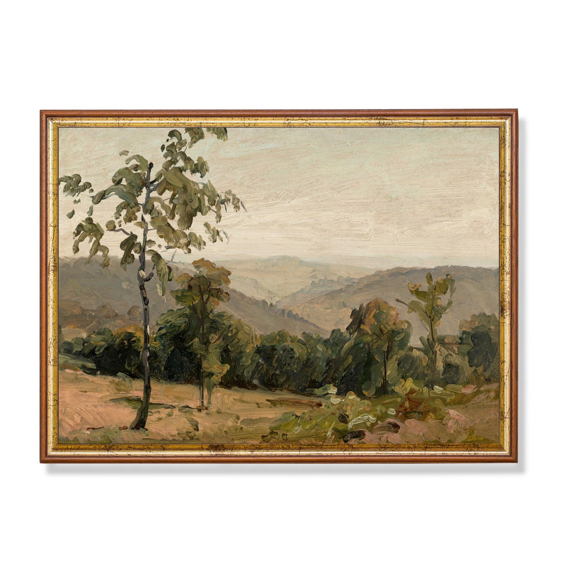 Windswept Trees Over a Hazy Valley Vintage Landscape Art Poster