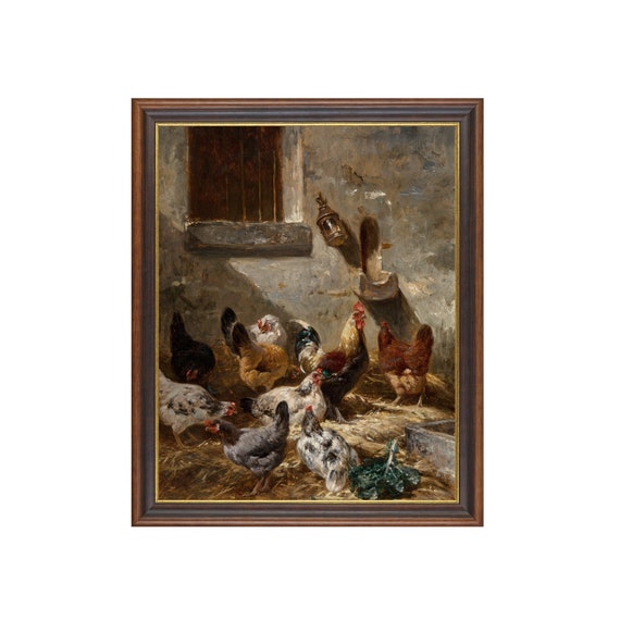 Mailed Print Vintage Rooster And Hen Painting Antique Barn Print Moody Rustic Art Print And Ship Farmhouse Decor Animal Painting