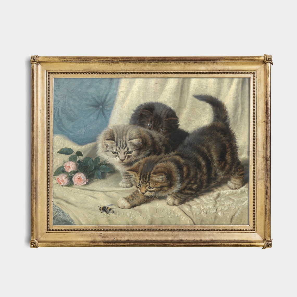 Three Fluffy Kittens Watching a Bee Among Pink Roses Animal Poster - Image 2