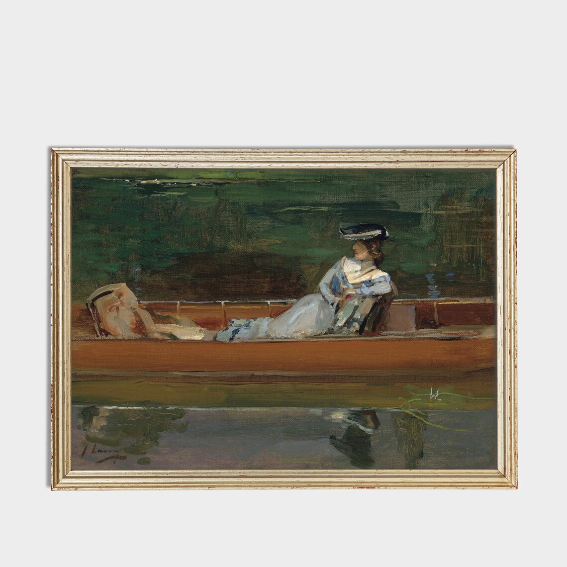 Elegant Woman Reclining in Boat on Calm Water Impressionist Poster - Image 3