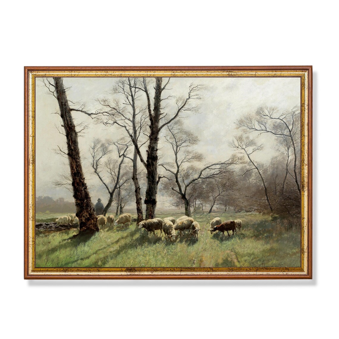 Shepherd with Flock of Sheep in Misty Morning Field Vintage Art Poster