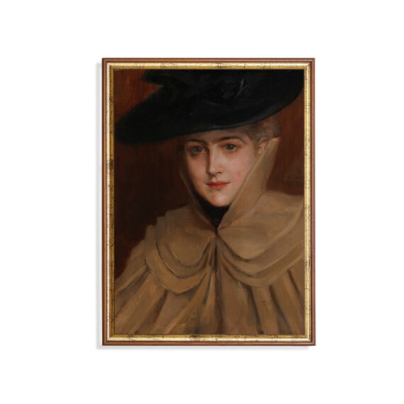 Woman In Black Hat And Tan Cape Antique Portrait Painting Art Poster