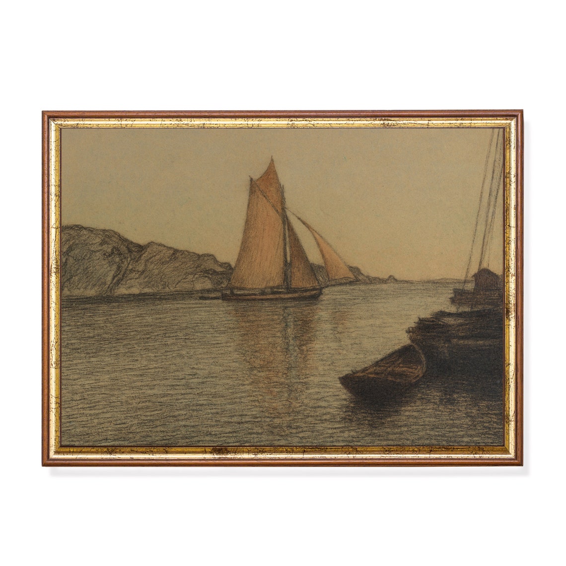 Lone Sailboat at Anchor by Rocky Cliffs at Dusk Vintage Poster