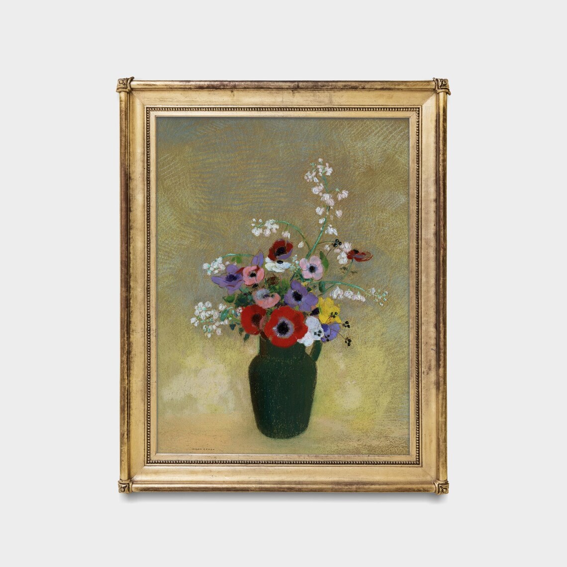 Pastel Wildflower Bouquet Green Vase Gold Ground Floral Art Poster - Image 5