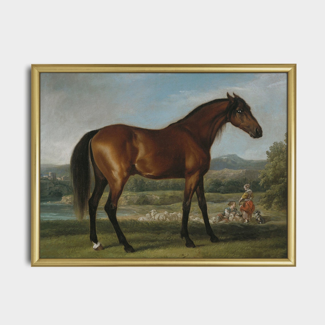 Bay Horse in River Valley Landscape with Sheep and Shepherds Poster - Image 3