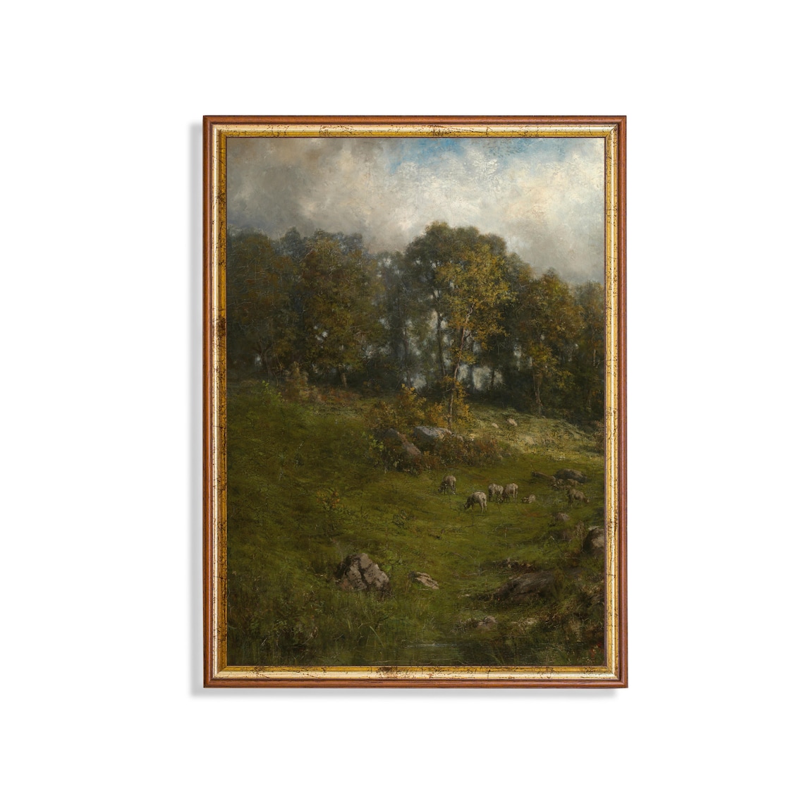 Sheep Grazing In A Moody Forest Meadow Barbizon Landscape Poster