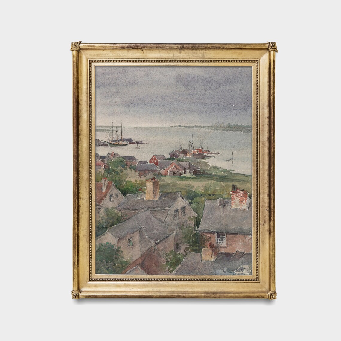 Coastal Village Rooftops and Sailboat Harbor Watercolor Art Poster - Image 3
