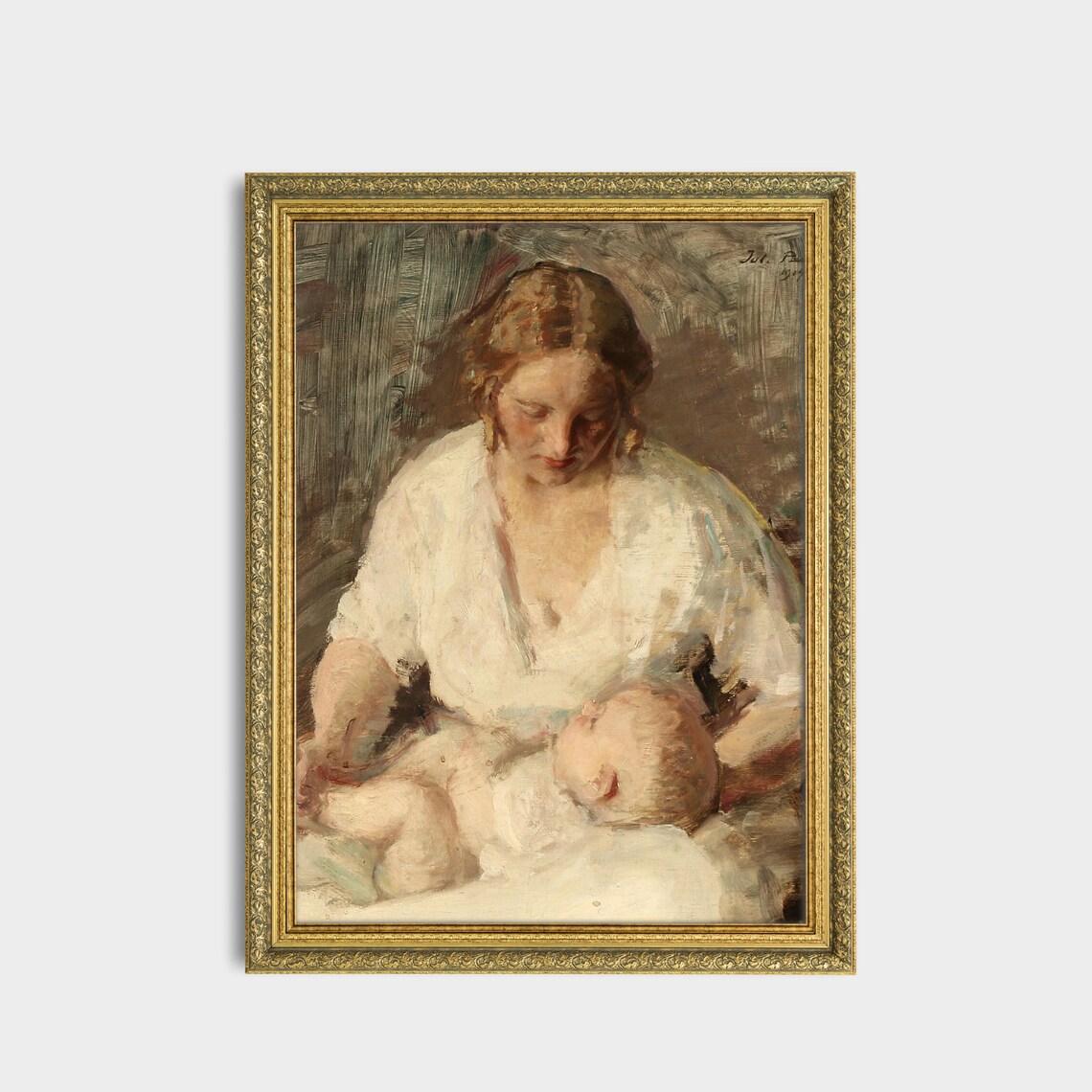 Tender Mother Cradling Her Newborn Baby Antique Oil Painting Poster - Image 2