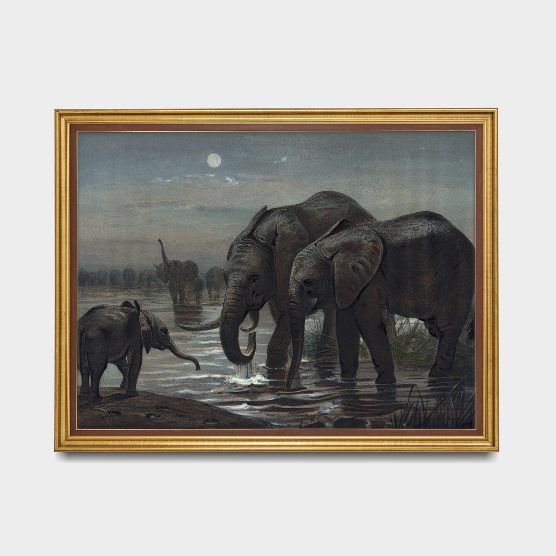Vintage Elephant Herd Drinking at a Moonlit Waterhole Night Poster - Image 2