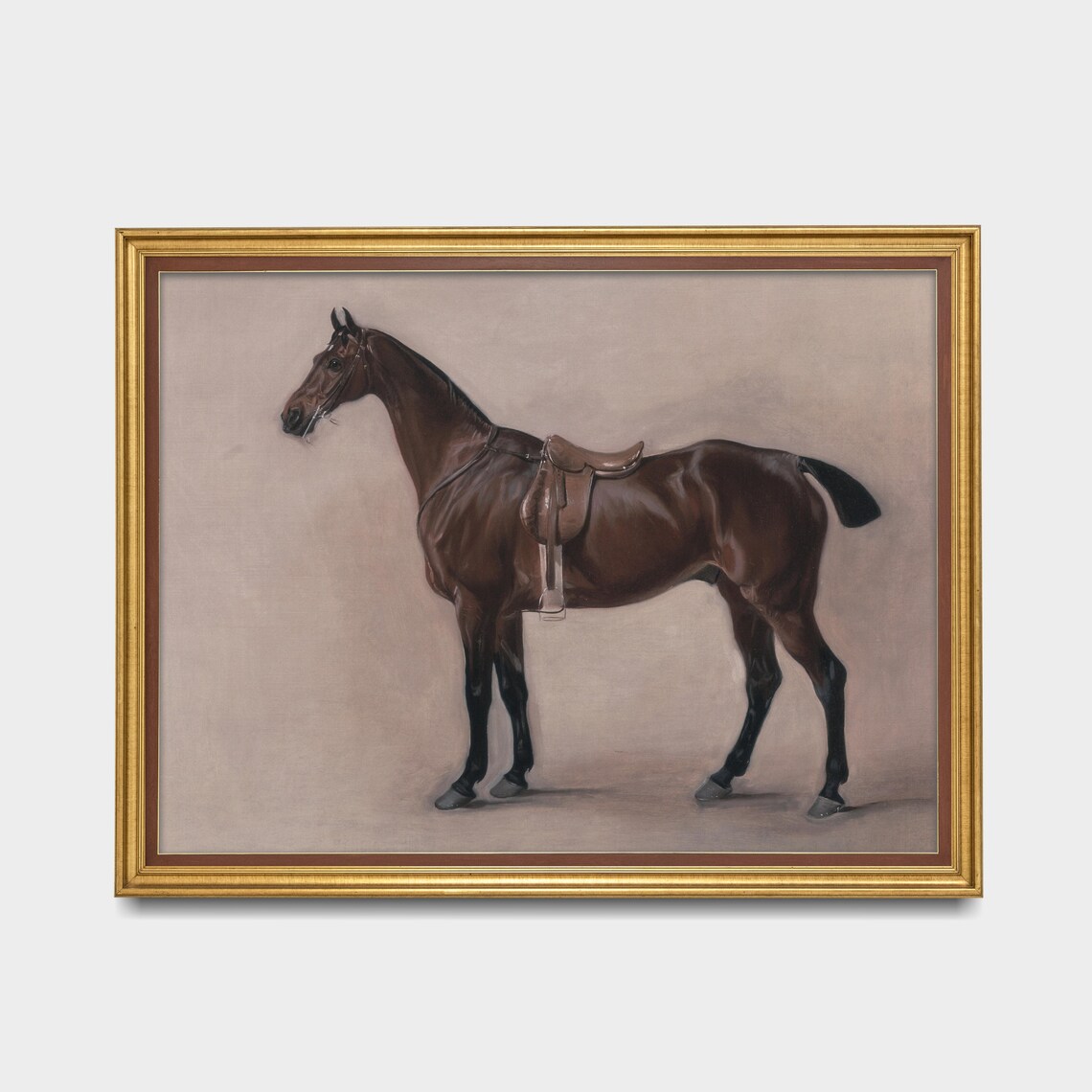 Saddled Bay Horse Standing Profile Antique Equestrian Painting Poster - Image 3
