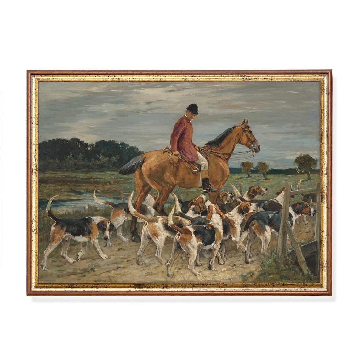 Huntsman on Horseback With Foxhound Pack Antique Hunting Poster