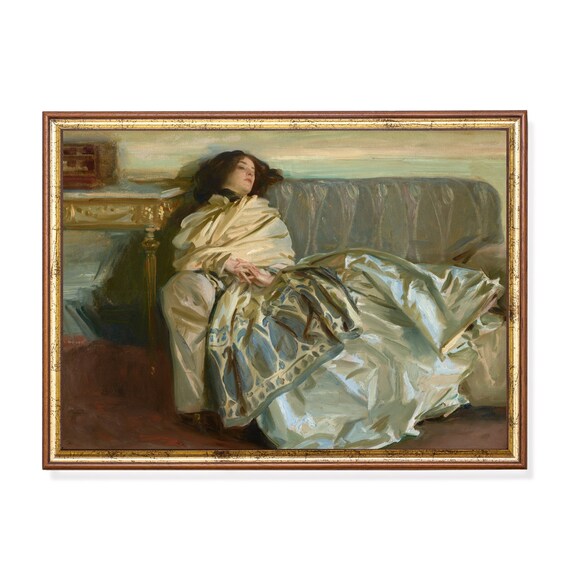 Woman Resting Asleep on a Sofa in a Flowing Silk Gown Poster