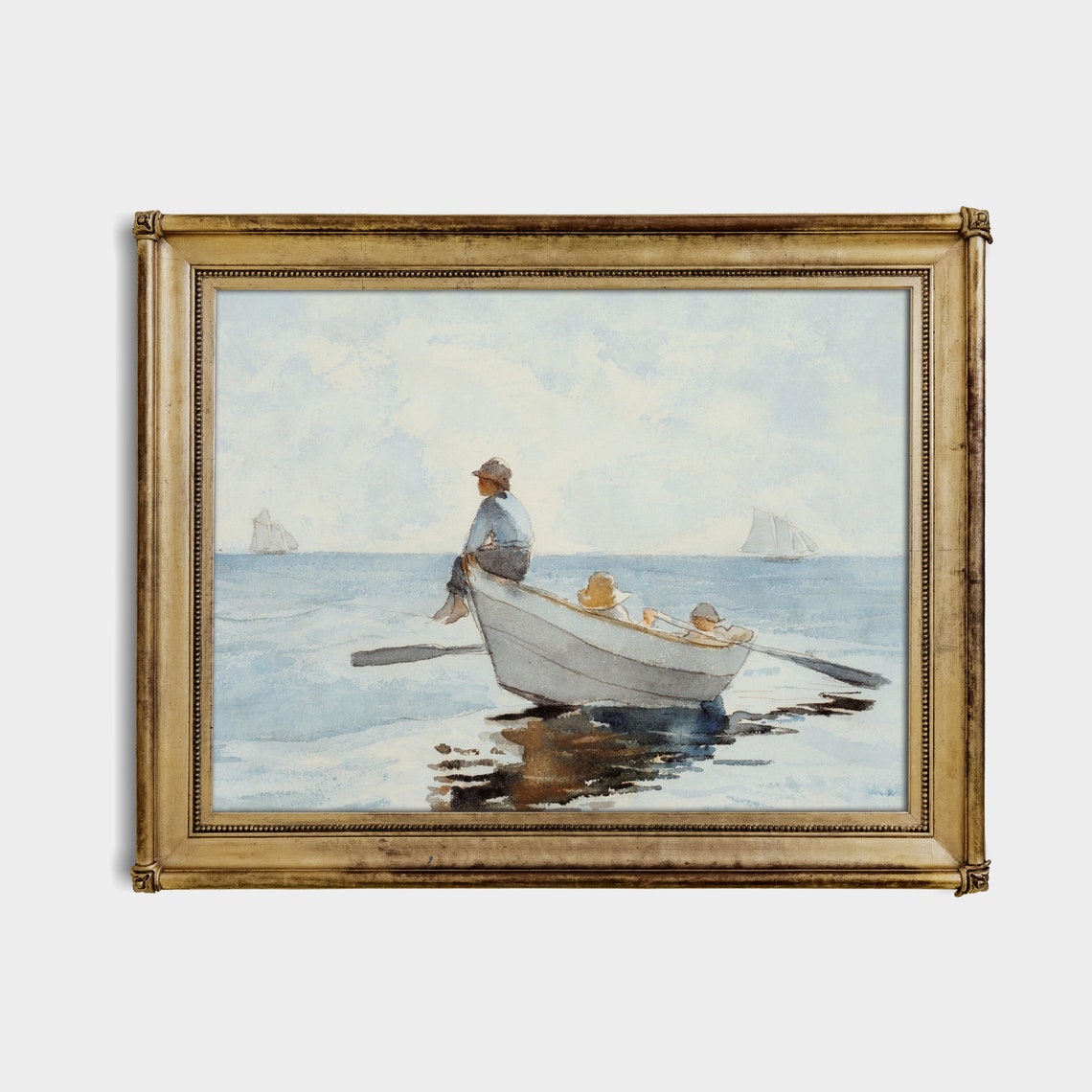 Three Boys in a Rowboat on Calm Blue Water Watercolor Poster - Image 4
