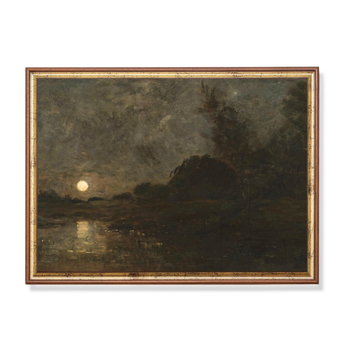 Moonlit River At Night Dark Moody Landscape Vintage Art Poster