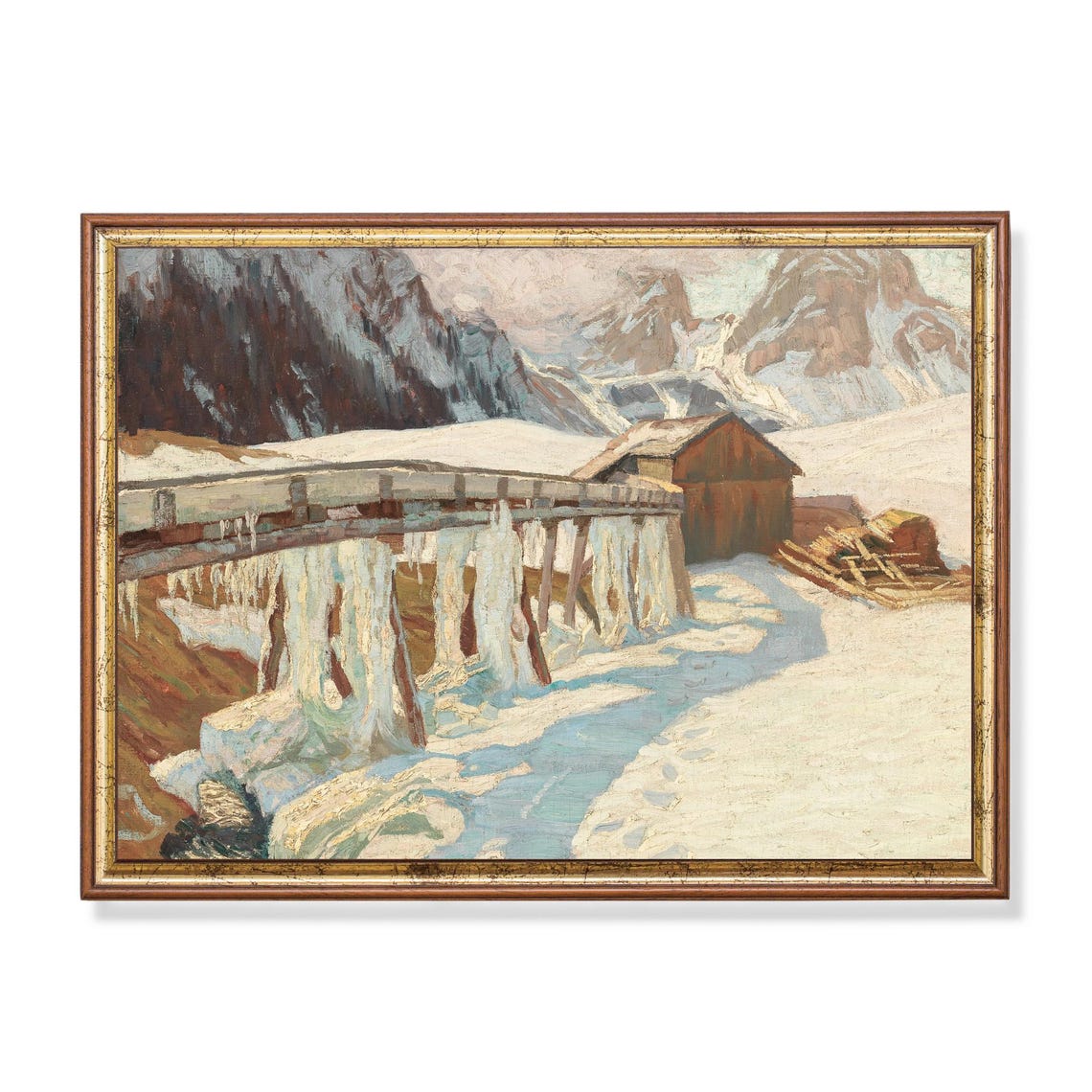 Frozen Alpine Mill with Icicles Winter Mountain Scene Poster
