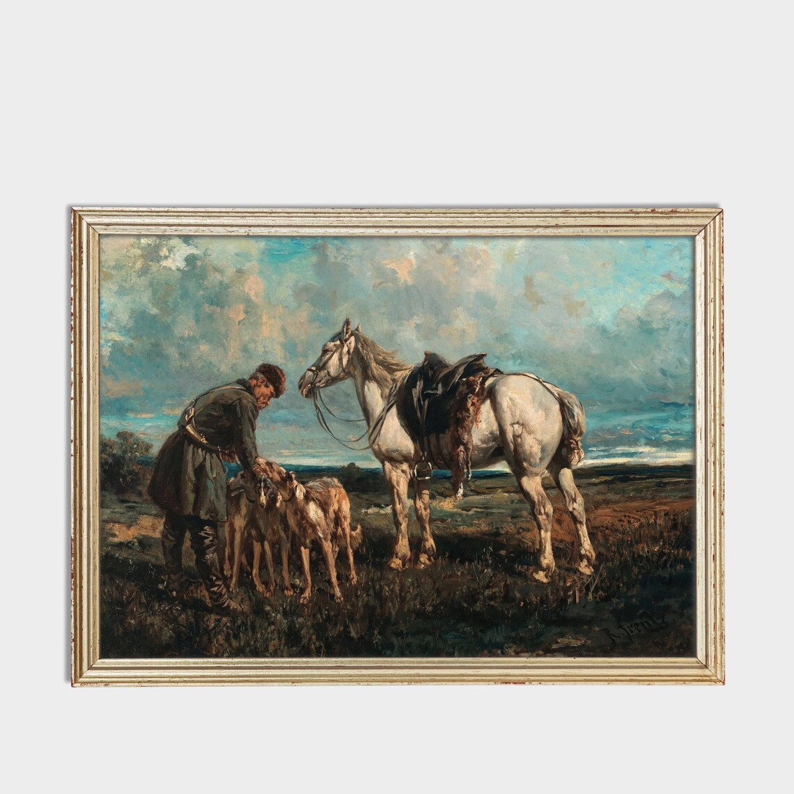 Hunter with His Horse and Hounds Vintage Equestrian Oil Poster - Image 3
