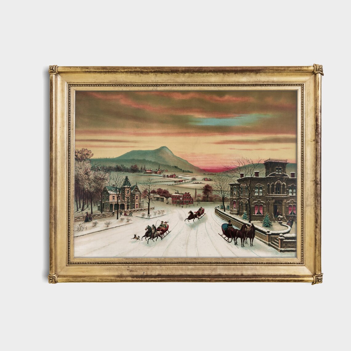 Sunset Winter Sleigh Ride Town Vintage Chromolithograph Poster - Image 4